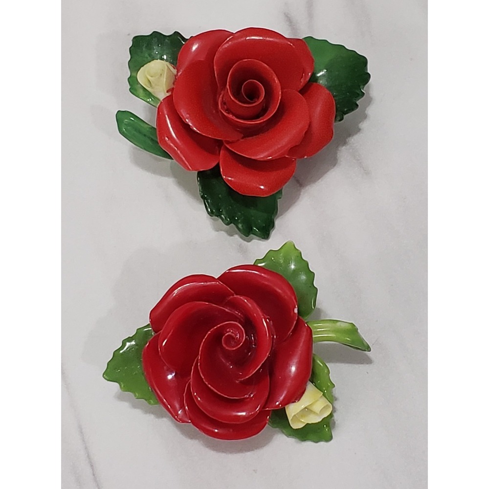 RARE IN RED Rose Set Lot 2 Bone China Floral Brooch Staffordshire Artone